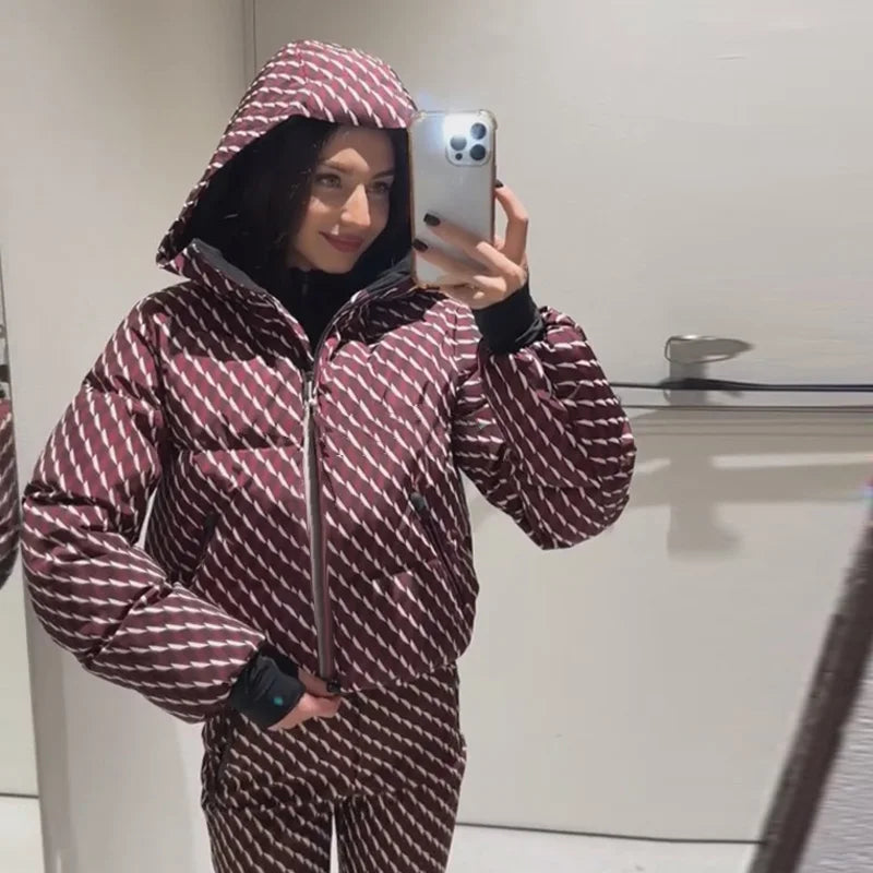 Fashion Patchwork Women's Ski Suit Warm Hooded Zipper Belt Full Sleeve Slim Jumpsuit Lady New Winter Casual Ski Clothing 2026