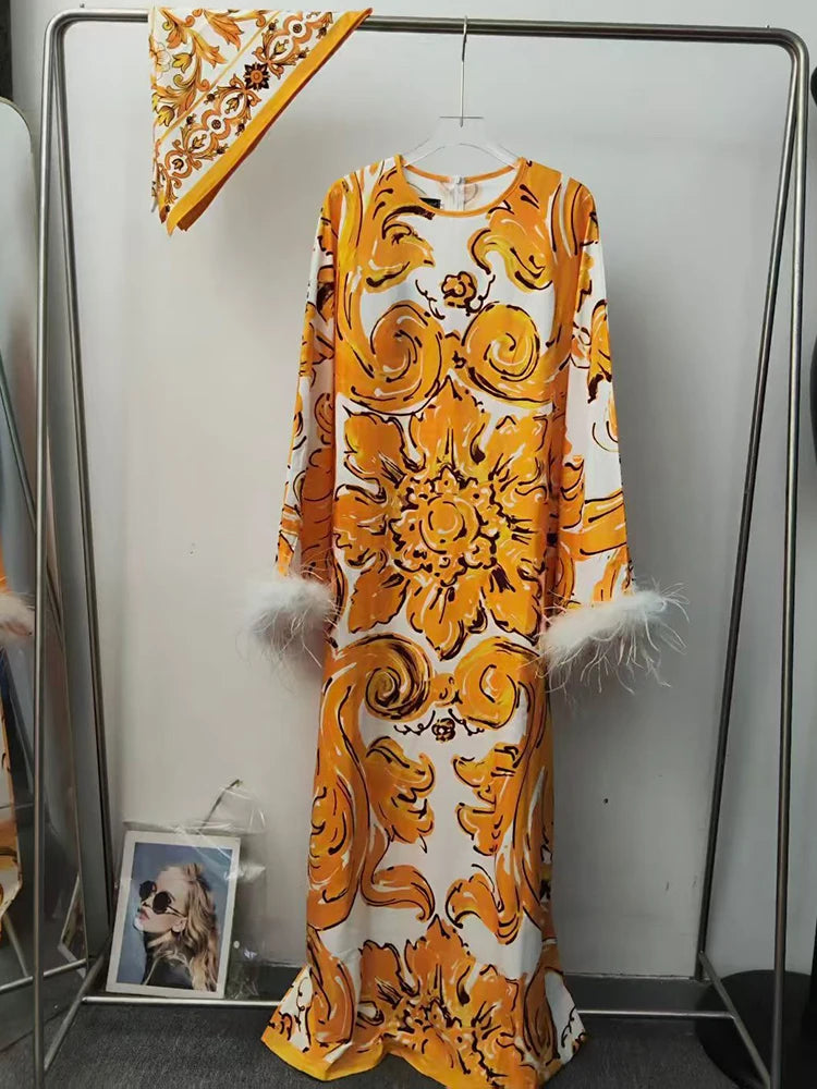 Design Retro Geometric Print Spliced Feather Long Sleeve Dress 2026 Autumn Women's Clothing Loose Straight Skirt + Silk Scarf