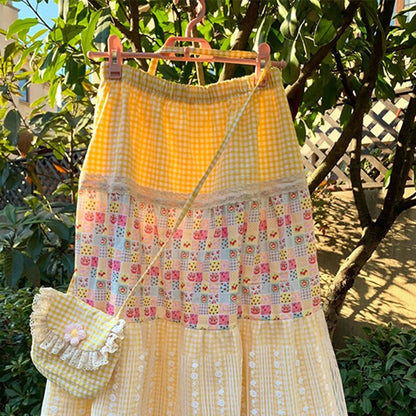 MEXZT Vintage Plaid Midi Skirt Women Japanese Harajuku Print Skirts Summer Y2K Boho Korean Lace Patchwork Casual Design Faldas