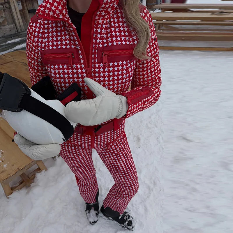 Fur-Trimmed Hooded Belted Ski Suit Slim Windproof Water-Resistant Long Sleeve 2025 Winter Fashion Women Fashion Snow Bodysuit