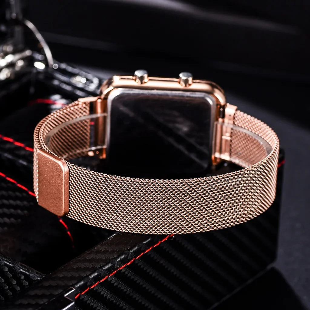 Fashion Rectangle Women LED Digital Watches Luxury Rose Gold Magnetic Mesh Band Electronic Wristwatches Ladies Clock Reloj Mujer