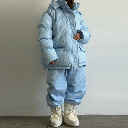 Fashion Women's Stripe Cotton Padded Coat Pant Set Loose Full Sleeve Hooded Zipper Jacket Elastic Waist Pants 2026 Winter Suits