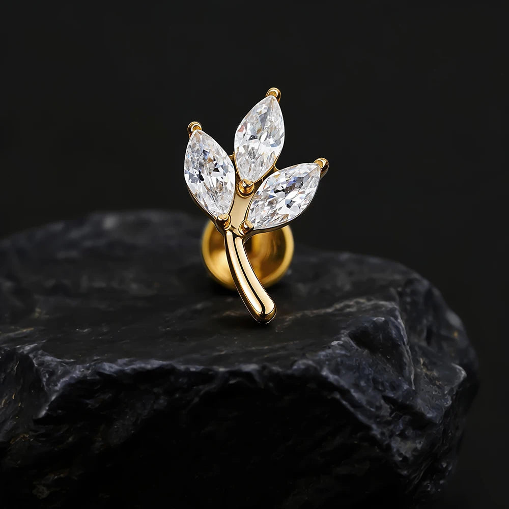 Right Grand ASTM F136 Titanium Triple Marquise CZ Cartilage Earring 16G Dainty Leaf Helix Tragus Stud Ear Piercing Jewelry