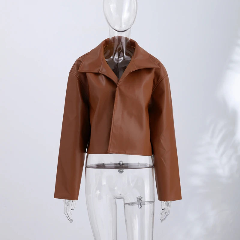 Casual Pu Leather Women's Jacket Chic Solid Long Sleeve Stand Collar Female Outwear 2026 Autumn Winter Street Short Lady Jacket