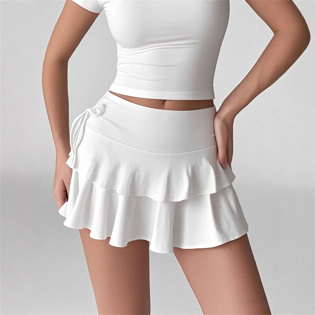 Solid Color Lace Up Girls Short Mini Skirt Ruffle Slim Fit High Waist A-line Skirt Teens Cake Dress Pleated Mini Skirts Summer