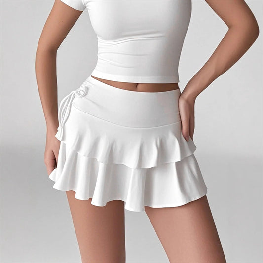 Solid Color Lace Up Girls Short Mini Skirt Ruffle Slim Fit High Waist A-line Skirt Teens Cake Dress Pleated Mini Skirts Summer