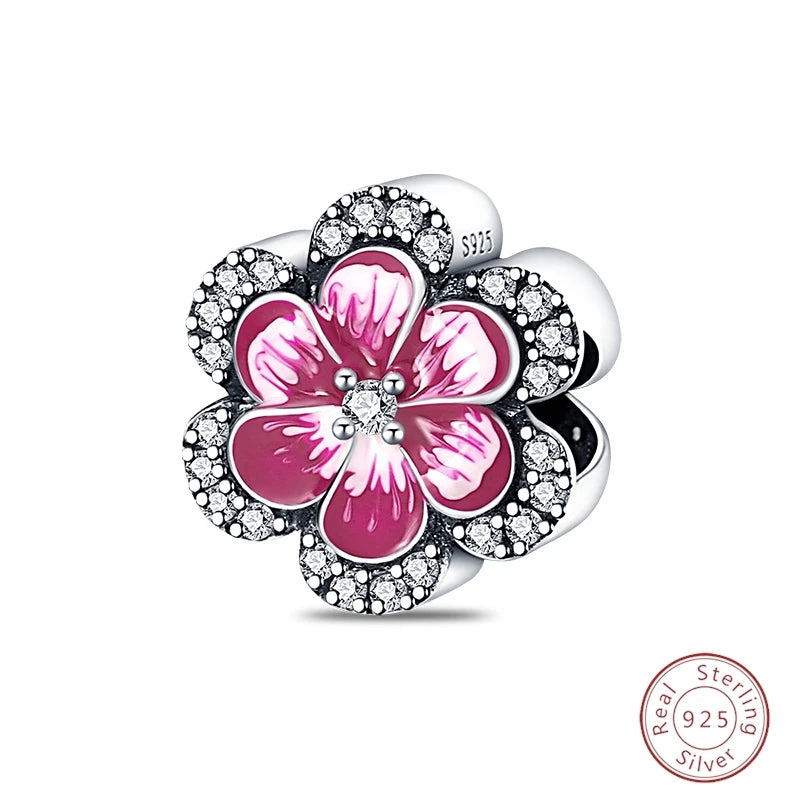 Spring Day 925 Sterling Silver Sunflower Azalea Peony Butterfly Flower Charms Beads Fit 3mm Bracelets DIY Fine Jewelry Making