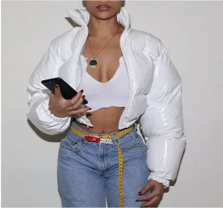 Women Cotton-padded Jacket Jacket Fashion Casual Glossy Long Sleeve Autumn And Winter Stand Collar Short Zipper Sexy Warm Street