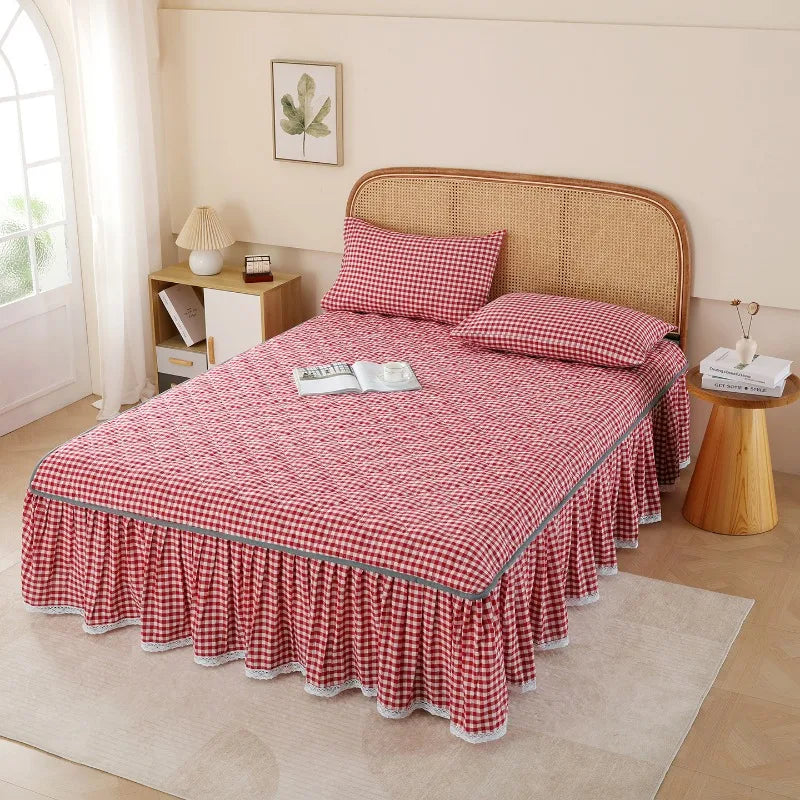 Cotton yarn-dyed padded bed skirt thickened and non-slip single-piece version dust-proof plaid printing, no pillowcase