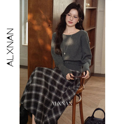 ALXNAN Black Grey Plaid Midi Skirt Autumn New Vintage Plaid High Waist Flared Women's Long Skirt Elegant Female Clothing L68321