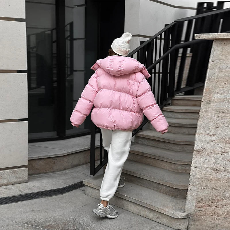 Oversized Puffer Women Jackets Coat Print Hooded Zipper Parka Coats Loose Mid‑Length Warm Winter Outerwear With Big Pockets