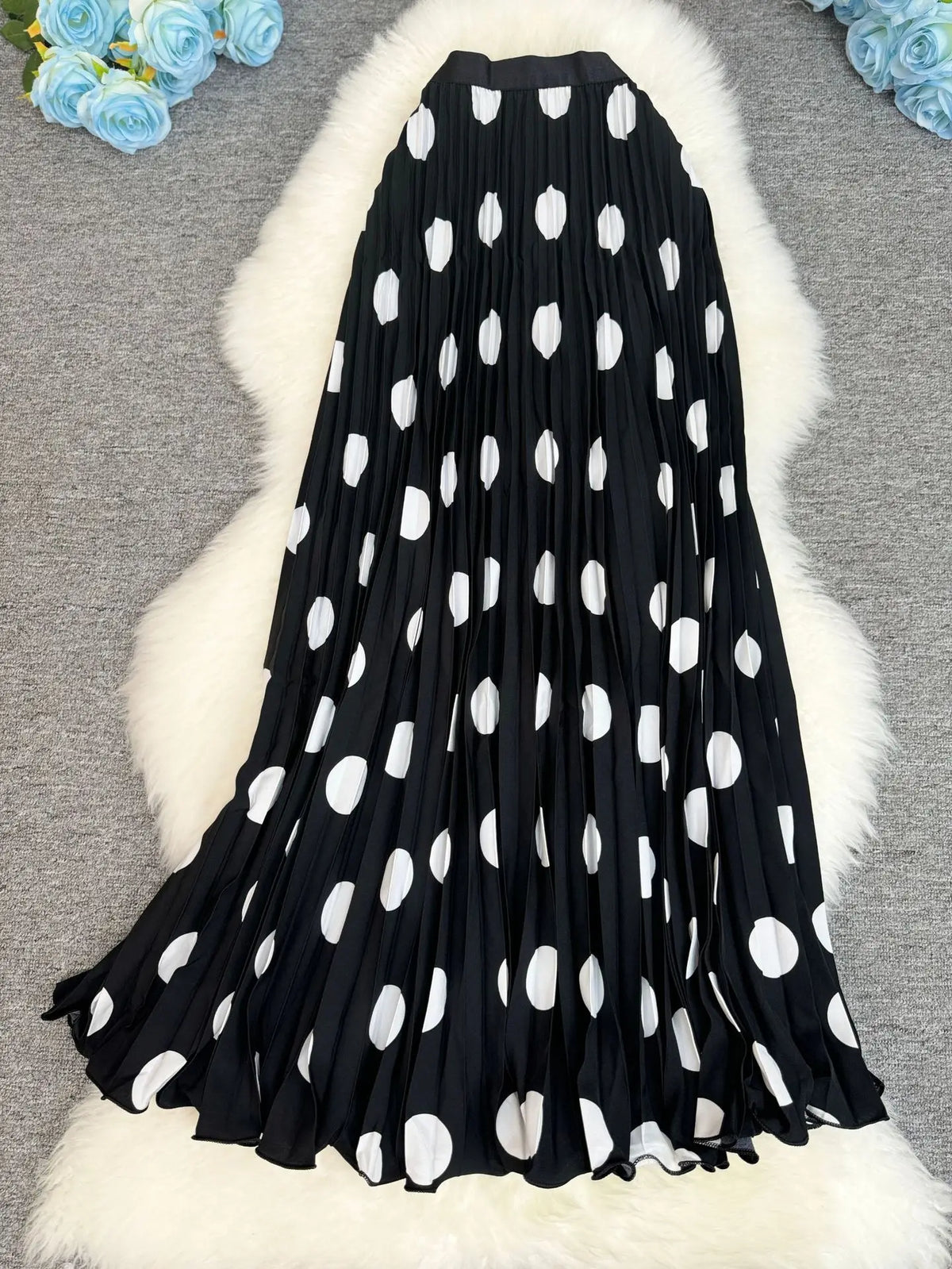 Polka Dot Print High Elegant A-line Pleated Long Skirt For Women 2025 Spring autumn Office Lady Casual Leopard Skirts
