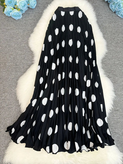 Polka Dot Print High Elegant A-line Pleated Long Skirt For Women 2025 Spring autumn Office Lady Casual Leopard Skirts