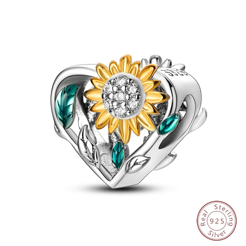 Spring Day 925 Sterling Silver Sunflower Azalea Peony Butterfly Flower Charms Beads Fit 3mm Bracelets DIY Fine Jewelry Making