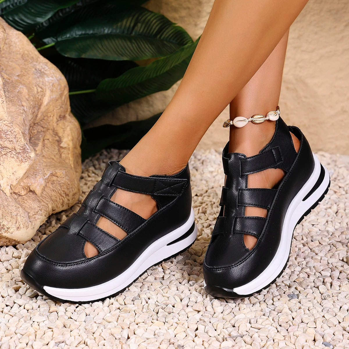 Women Sandals New High Quality Buckle Strap Sandals Women New Closed Toe Office and Career Summer Solid Wedge Shoes for Women