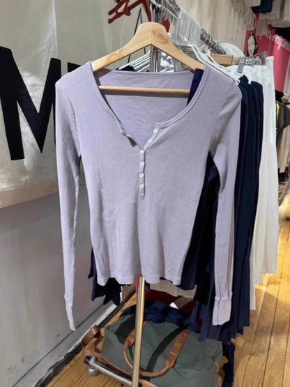 Retro White Ribbed Button T-shirts Women Spring Cotton Round Neck Long Sleeve Tees Female Y2k Streetwear Casual T Shirt Tops