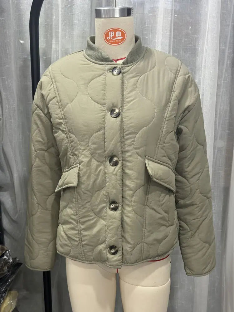 HH Female Autumn Casual Quilting Cotton Jacket Long Sleeve Single Breasted Solid With Pockets Winter Vintage Loose Warm Coat