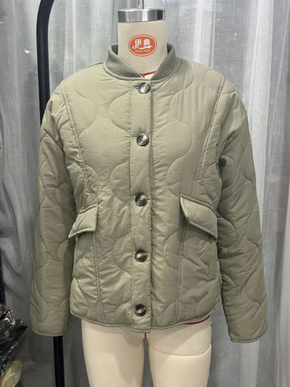 HH Female Autumn Casual Quilting Cotton Jacket Long Sleeve Single Breasted Solid With Pockets Winter Vintage Loose Warm Coat
