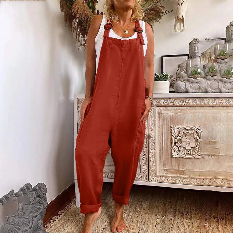 Women Cotton Linen Pocket Jumpsuits Summer Female Sleeveless Wide Leg Loose Overalls JYFS-3255