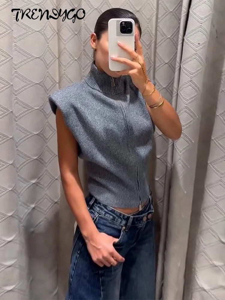 Women's Knitwear Half Turtleneck Double Zipper Knitted Vest Autumn Female Sleeveless Waist Cinching Solid Slim Cardigan New Tops
