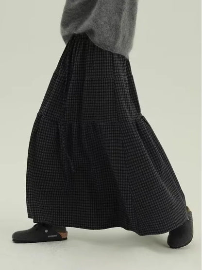 Women's Retro Patchwork Plaid A-Line Midi Skirt Elastic Waist Slimming Versatile Large Size Clothing Casual Long Skirts