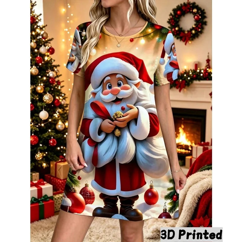 3D Fun Santa Claus Printed New Year Party Dress Women's Short Sleeve Round Leader Casual Loose Mini Dress Vestidos De Mujer