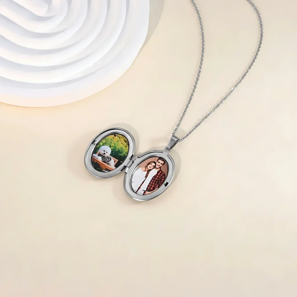 Custom 1/2 Photo Necklace Delicate Floral Oval Locket Pendant for Women Personalized Picture Gold Plated Stainless Steel Pendant