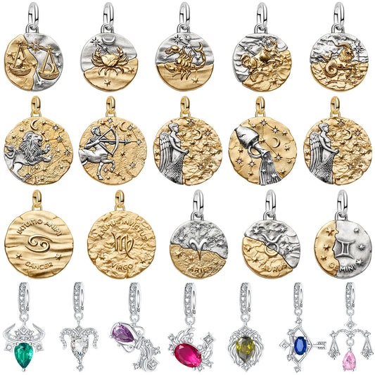 925 Sterling Silver Zodiac Coin Charms 12 Constellation Coin Pendant Crystal Lucky Amulet Beads Bracelet Necklace DIY Jewelry