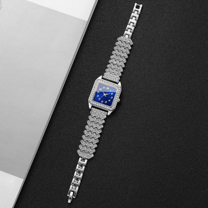 Elegant Square Women Watch Shiny Rhinestone Bracelet Wristwatch Blue Dial Quartz Ladies Dress Clock Relogio Feminino（Without Box