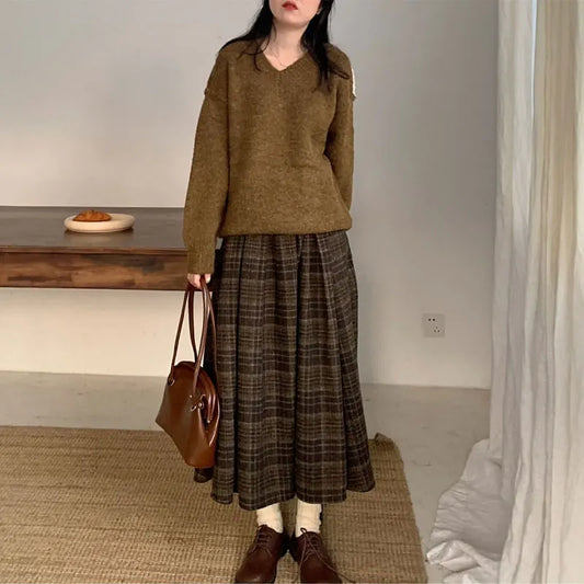 Preppy Style Vintage Plaid Midi Skirts Women's Clothing Stylish Pleated Autumn Winter High Waist Korean A-Line Elastic Skirts