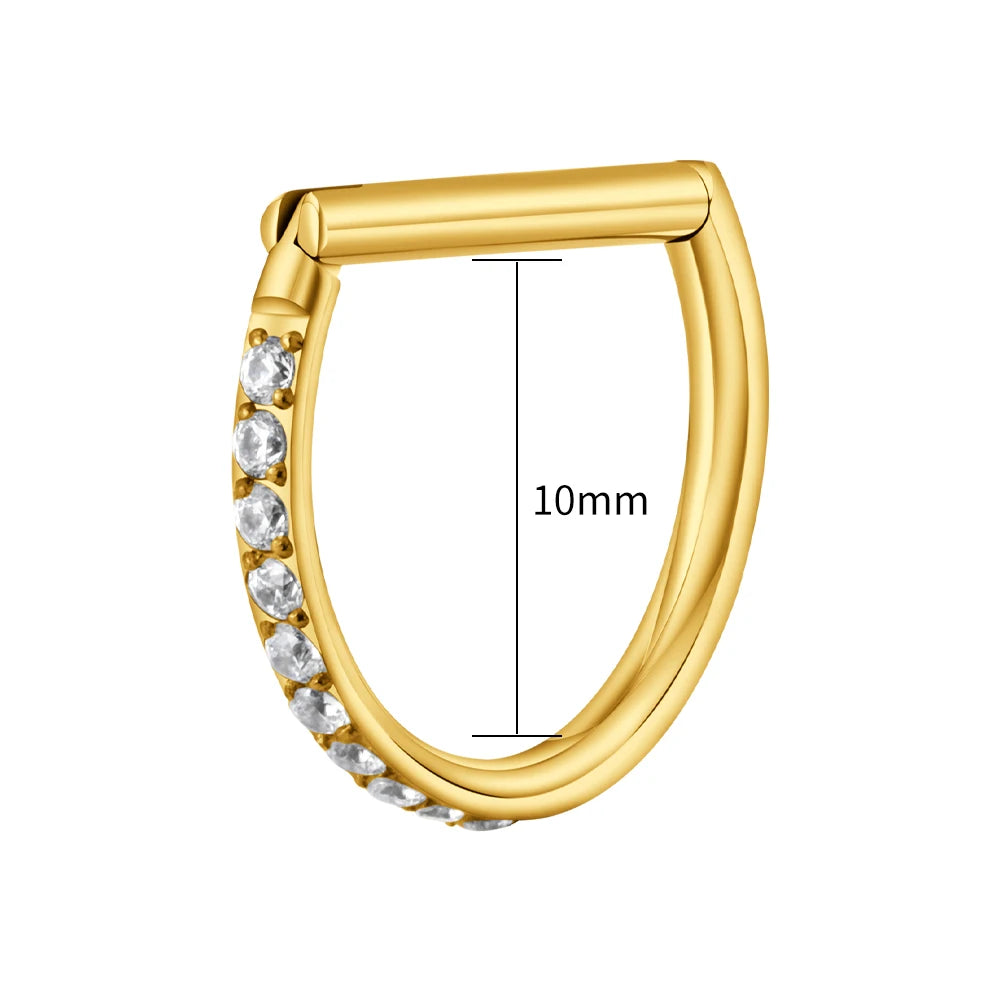 Right Grand ASTM F136 Titanium D Shape Septum Ring with CZ 16G Hinged Segment Clicker Hoop Conch Helix Piercing Body Jewelry