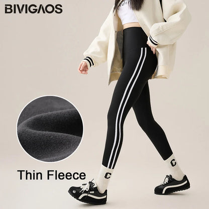 BIVIGAOS New Autumn White Striped Light Fleece Leggings Women Winter Pants High Waist Slim Velvet Thick Sport Warm Leggings