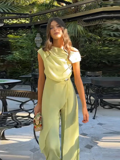 Women Pant Asymmetric One Shoulder Jumpsuit Chiffon Draped Overlay Wide Leg Pants Elegant Formal Party Casual Outfit For Ladies