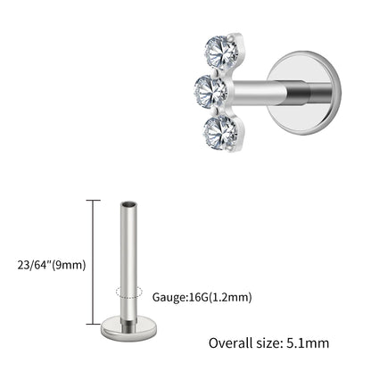 Right Grand ASTM F136 Titanium Triple CZ Helix Tragus Flat Back Earring 16G Dainty Ear Climber Cartilage Stud Piercing Jewelry