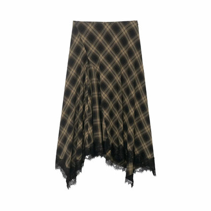 Women Vintage Chic Midi Skirt Elegant Women Plaid Lace Long Skirt New Summer  Commute Dinner Party Lady Skirt