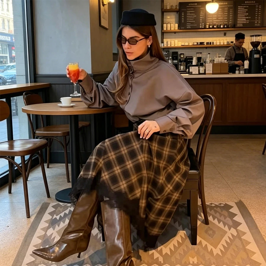 Women Vintage Chic Midi Skirt Elegant Women Plaid Lace Long Skirt New Summer  Commute Dinner Party Lady Skirt