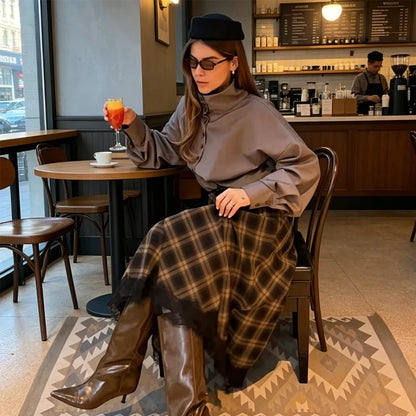 Women Vintage Chic Midi Skirt Elegant Women Plaid Lace Long Skirt New Summer  Commute Dinner Party Lady Skirt