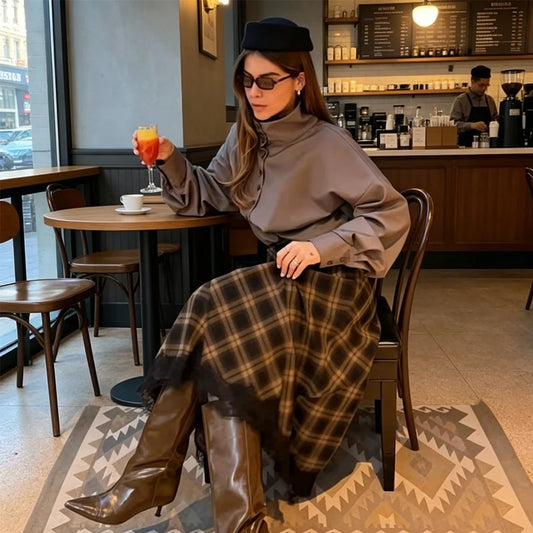 Women's Lace-Trim Asymmetric Plaid Skirt