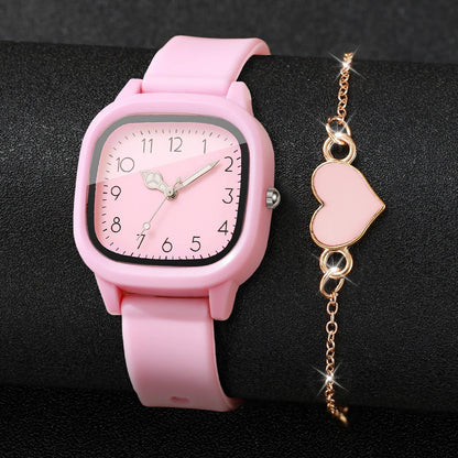 2PCS Fashion Square Women Watch Heart Bracelet Set Casual Pink Silicone Strap Quartz Wristwatch Relogio Feminino(Without Box)