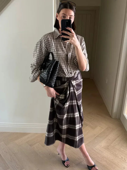 Chic Plaid Checked Midi Skirt Women Casual Pleated Slim High Waist Mid-length Bottom Skirts 2025 Office Commute Daily Wear New