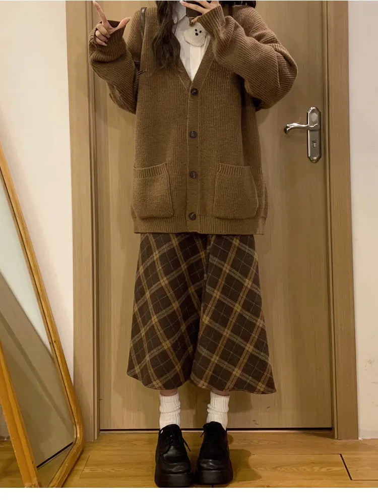 Retro Plaid Woolen  Skirt Women's Autumn Winter High Waist Slim A-Line Midi Skirt Elegant Fashionable Ladies' Skirt