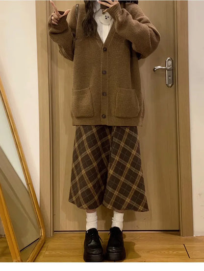 Retro Plaid Woolen  Skirt Women's Autumn Winter High Waist Slim A-Line Midi Skirt Elegant Fashionable Ladies' Skirt