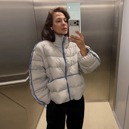 Casual Women's Waist Cinched Padded Cotton Coats Stand Collar Zipper Full Sleeve Coat 2026 Autumn Winter Lady Down Jacket New