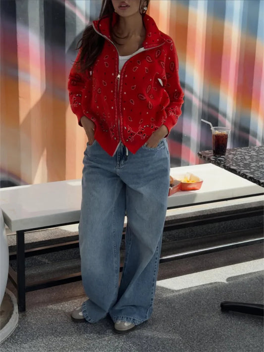 Vintage Knit Jacquard Women's Cardigans Loose Stand Collar Double Zippers Full Sleeve Sweater 2026 Autumn Lady Chic Knitwear