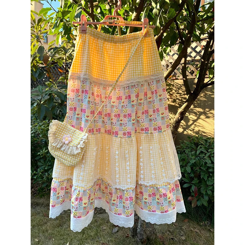 MEXZT Vintage Plaid Midi Skirt Women Japanese Harajuku Print Skirts Summer Y2K Boho Korean Lace Patchwork Casual Design Faldas