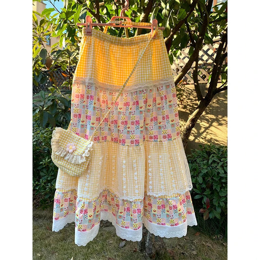 Women's Yellow Checked Floral-Panel Skirt