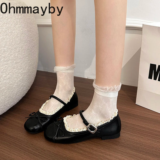 Spring Lace Women Flats Mary Jane Shoes Round Toe Shallow Ladies Casual Ballet Style Shoes Soft Leather Eelgant Dress Shoes