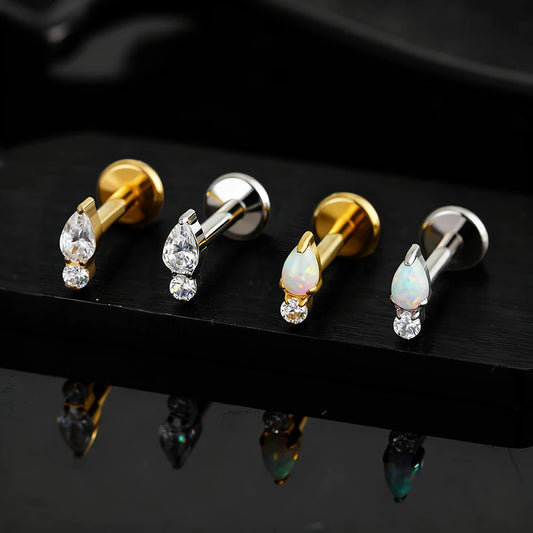 Right Grand ASTM F136 Titanium Teardrop Opal Cartilage Earring 16G Tiny Round CZ Forward Helix Labret Stud Piercing Jewelry
