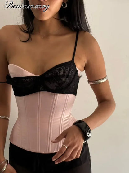 Women Lace Satin Sexy Corset Spaghetti Strap Bustier Sheer Mesh Patchwork Sling Vest Elegant Evening Party Date Outfit 2026