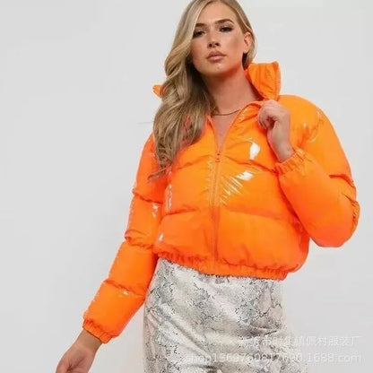 Women Cotton-padded Jacket Jacket Fashion Casual Glossy Long Sleeve Autumn And Winter Stand Collar Short Zipper Sexy Warm Street